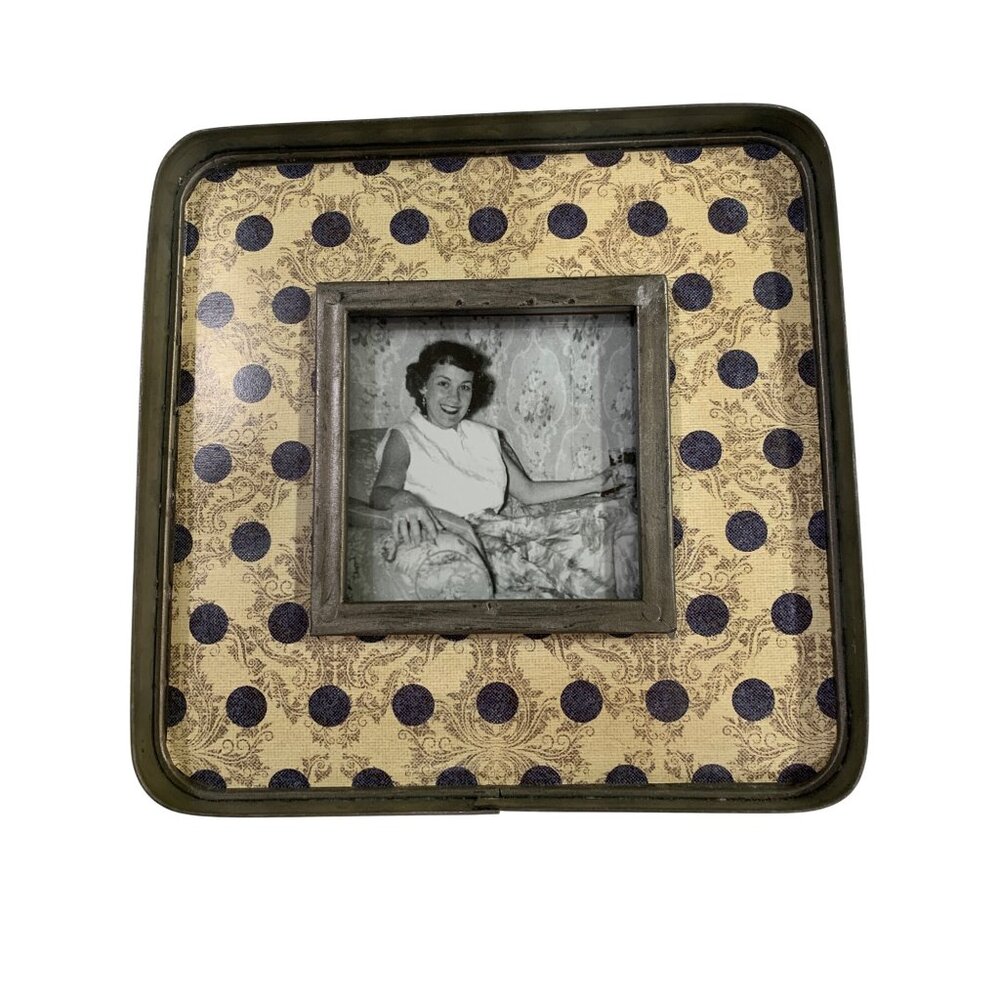 Photo Frame Galvanized Metal Navy Dots Cream Toile 3.5x3.5‎ Photo 7.5x7.5 Frame